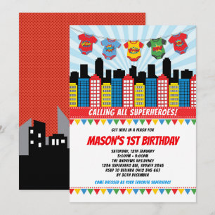 Invitation Superhero Boy 1er anniversaire Cityscape Comic Par