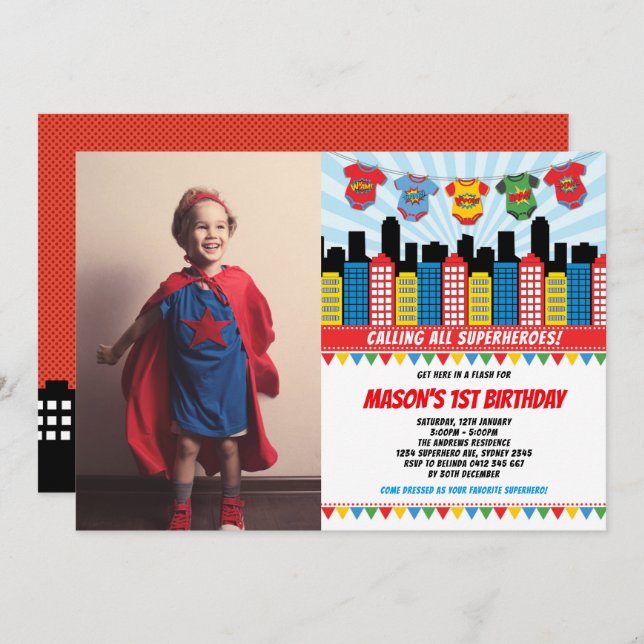 Invitation Superhero Boy 1er anniversaire Cityscape Party Pho (Devant / Derrière)