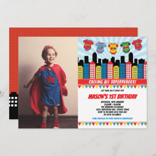 Invitation Superhero Boy 1er anniversaire Cityscape Party Pho