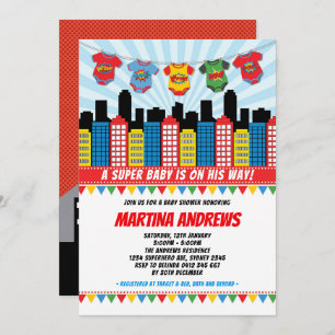 Invitation Superhero Boy Baby shower Cityscape Comic Party
