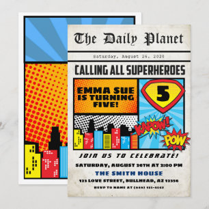 Invitation Superhero Boy's Newspaper's Comic Style Anniversai