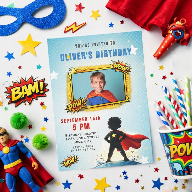 Invitation Superhero Cartoon Boy Photo Birthday Party  (Créateur téléchargé)