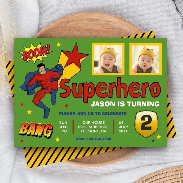 Invitation Superhero coloré Enfants Photo Anniversaire Invita (Créateur téléchargé)