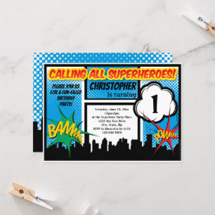 Invitation Superhero Comic Boy's 1st First Birthday Party