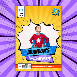 Invitation Superhero Comic Photo Bois Jaune Anniversaire