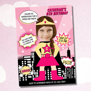 Invitation Superhero Comic Style de livre Girl Birthday Photo