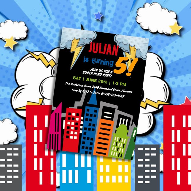Invitation Superhero Dark City Building Explosion Anniversair (Créateur téléchargé)
