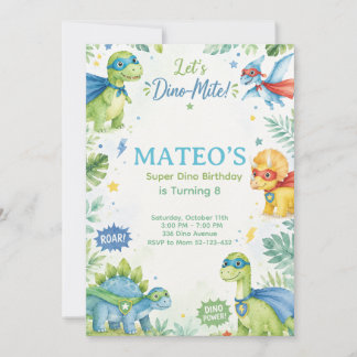 Invitation Superhero Dinosaur Watercolor Birthday Party Paste