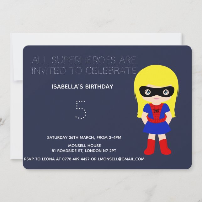 Invitation Superhero Enfants Filles Anniversaire Fête Invitat (Devant)