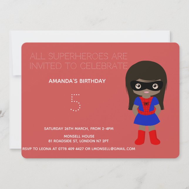 Invitation Superhero Enfants Filles Anniversaire Fête Invitat (Devant)