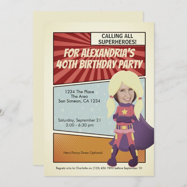 Invitation Superhero Old Comic Birthday Party (blond) (Devant / Derrière)