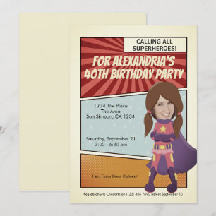 Invitation Superhero Old Comic Birthday Party (brunette)