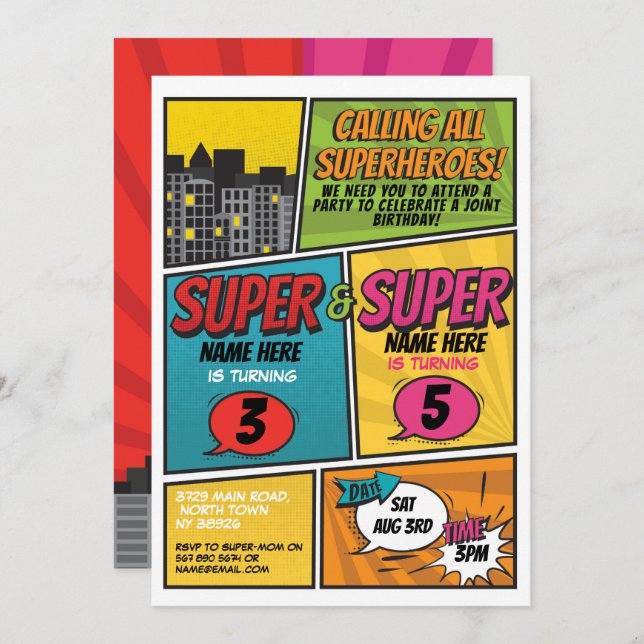 Invitation Superhero Partagé Parti mixte Garçons F (Devant / Derrière)