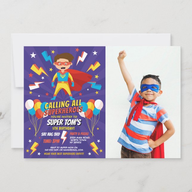 Invitation Superhero Party Photo Boys Blue Stars Super (Devant)