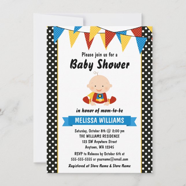 Invitation Superhero Polka Dot Bunting Baby shower (Devant)