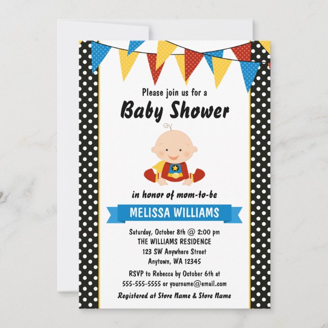Invitation Superhero Polka Dot Bunting Baby shower (Devant)