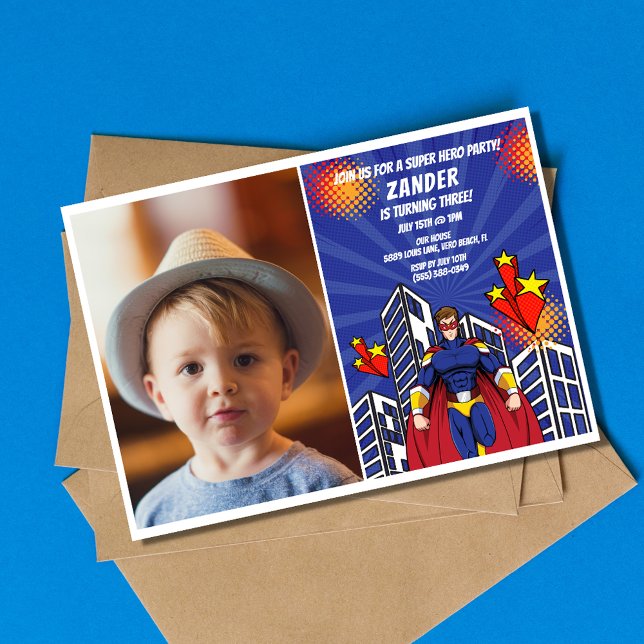 Invitation Superhero Thème Photo Boys 3e fête d'anniversaire (Superhero Theme Photo Boys 3rd Birthday Party Invitation)