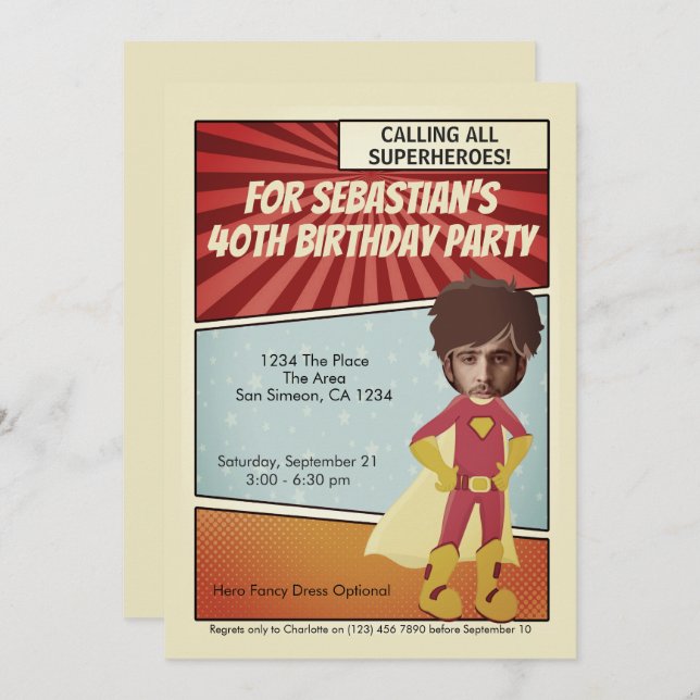 Invitation Superhero Vieux comique Nouveauté Anniversaire (Devant / Derrière)