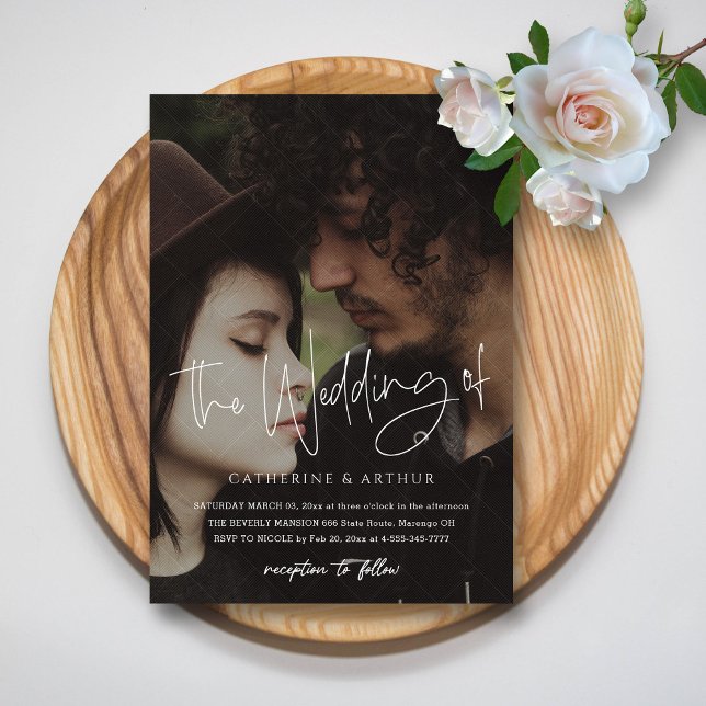 Invitation Superposition de photo de script de mariage (Simple & Elegant Brick Overlay Photo Wedding  Invitation)