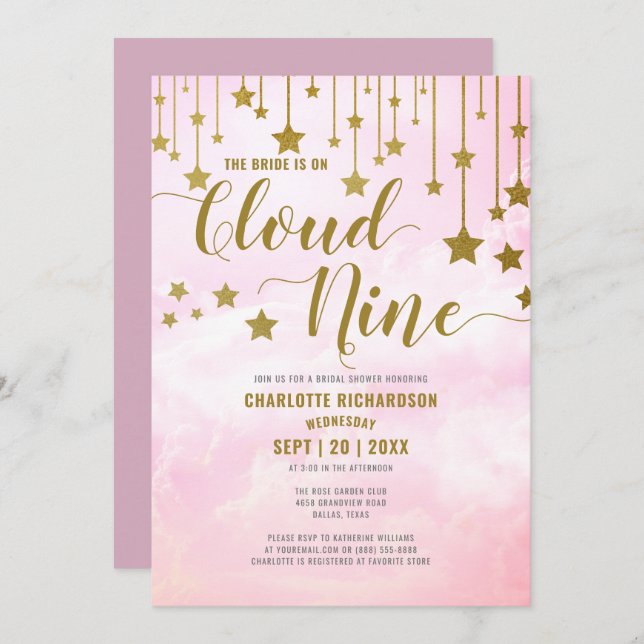 Invitation Sur Cloud Neuf Dreamy Pastel Fête des mariées rose (Devant / Derrière)