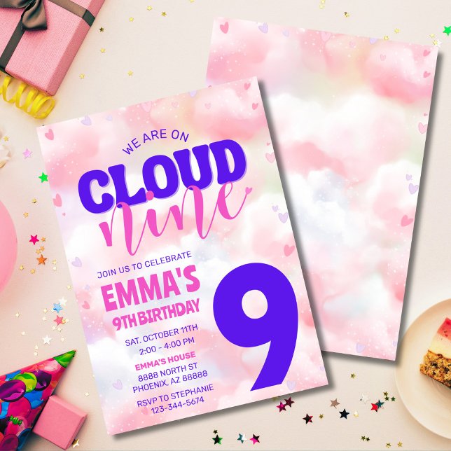 Invitation Sur Cloud Neuf Rose Neuvième fête d'anniversaire (Dreamy On Cloud Nine birthday invitation with pastel clouds, editable for any age.)