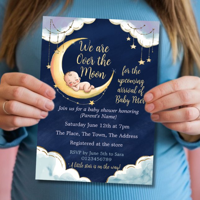 Invitation Sur la lune Bébé Baby shower à thème céleste (Créateur téléchargé)