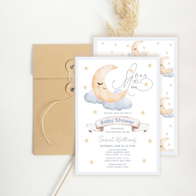 Invitation Sur la Lune Étoiles Dorées Bébé Fille Shower Bleu (Créateur téléchargé)