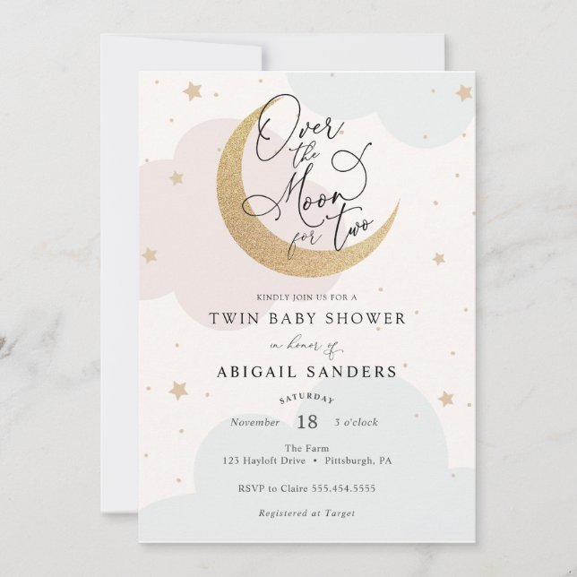 Invitation Sur la Lune pour deux Baby showers jumeaux (Devant)