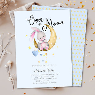 Invitation Sur la lune Stars Rabbit Blue Boy Baby shower