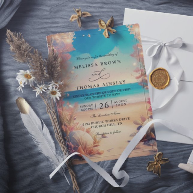 Invitation Sur la plage mariage élégant moderne code qr (Créateur téléchargé)