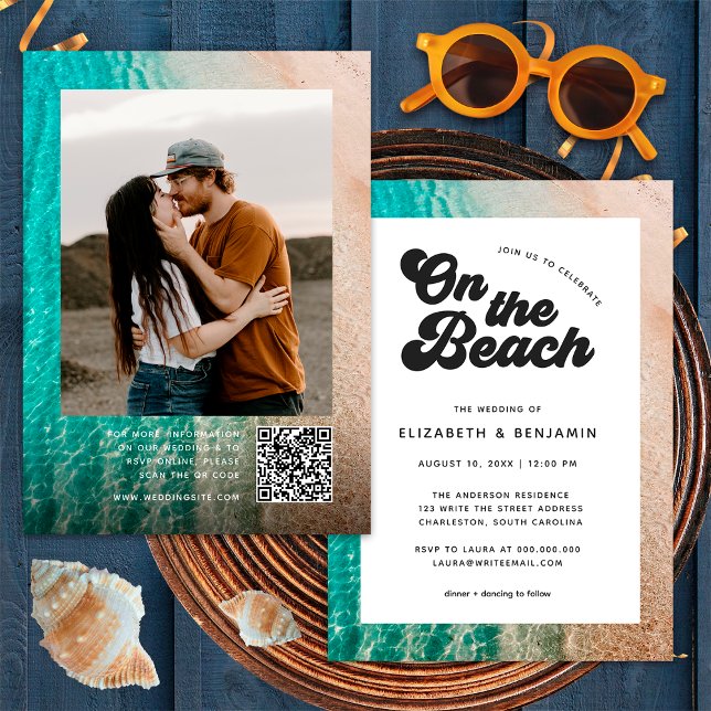 Invitation Sur La Typographie De Plage Photo Mariage du Code  (Front/Back)
