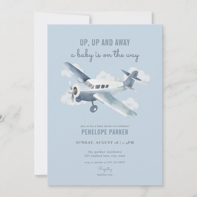 Invitation sur le Baby shower d'avion bleu vintage (Devant)