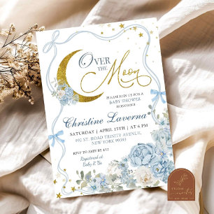 Invitation Sur le Baby shower Moon Blue Bow Hydrangea