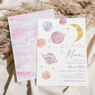Invitation Sur le Baby shower spatial Moon Pink Pastel