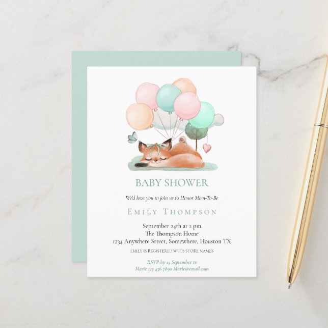 Invitation sur le Baby shower Turquoise Fox mignon (Devant/Arrière en situation)