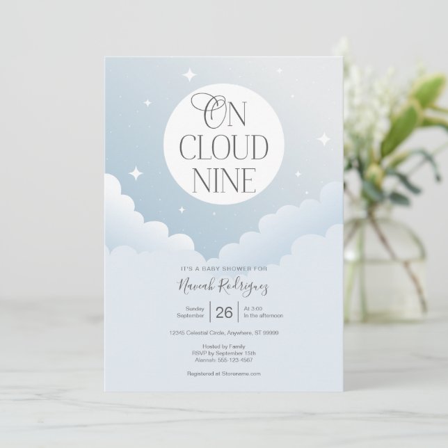 Invitation Sur le nuage neuf bleu gris ciel Baby shower Invit (Debout devant)