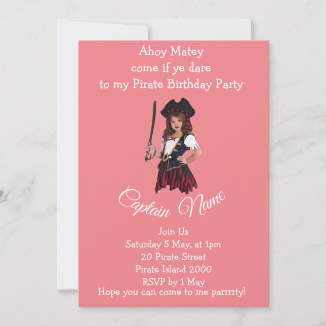Invitation sur le thème de la pirate fille PINK (Devant)