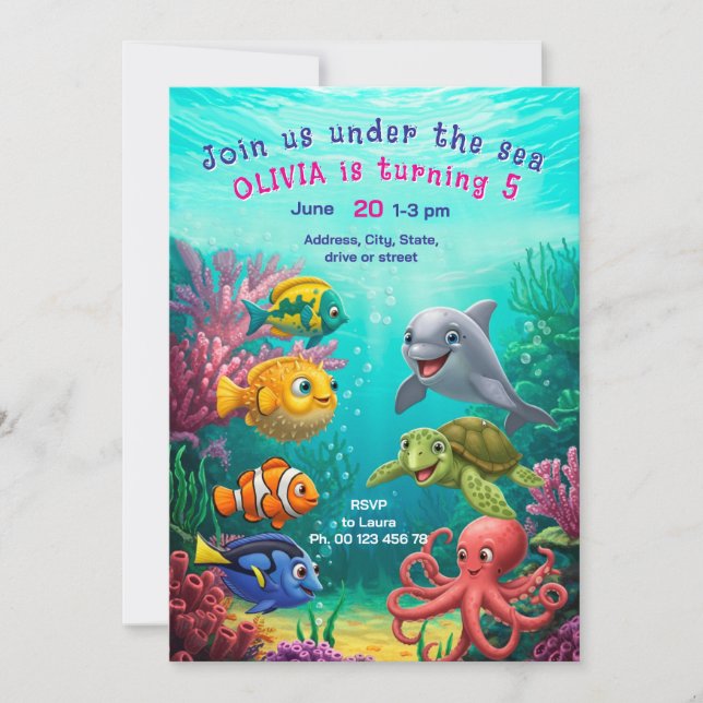 Invitation sur le thème de sous la mer. Fête d'enf (Devant)