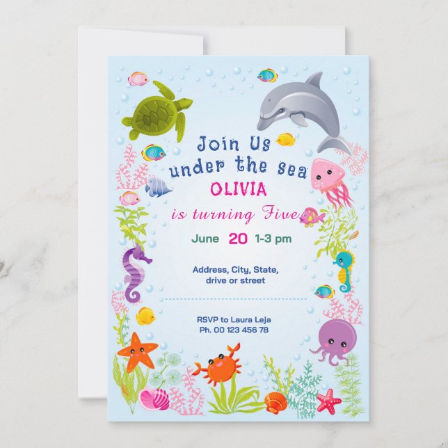 Invitation sur le thème de sous l'océan. Fête pour (Devant)