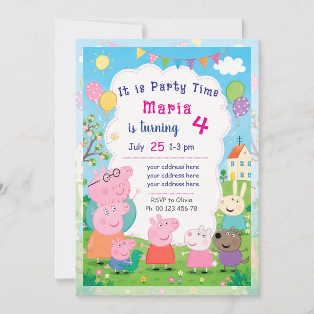 Invitation sur le thème du cochon de dessin animé. (Devant)