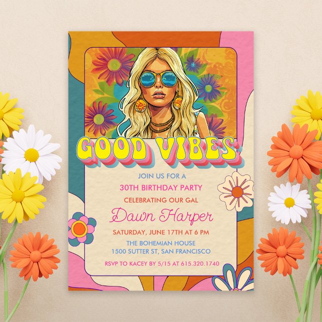 Invitation sur le thème rétro groovy hippie des an (Créateur téléchargé)