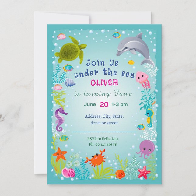 Invitation sur le thème sous la mer. Fête pour enf (Devant)