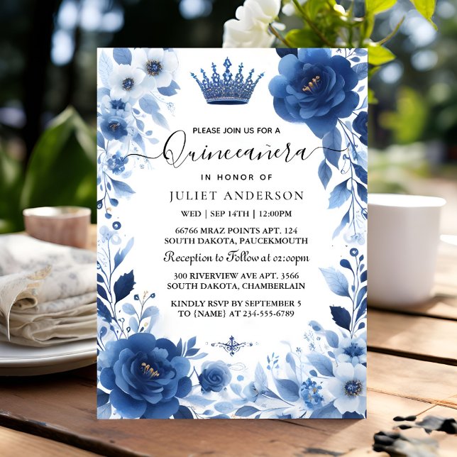 Invitation Sur Ombre ivoire Ice Sky Gold Royal Blue Quinceane (Créateur téléchargé)