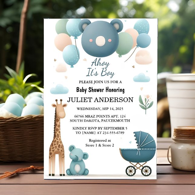 Invitation Sur Soft Boho Bear Blue Cub Welcome Baby Boy Shoy (Créateur téléchargé)