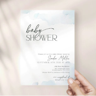 Invitation Sur un nuage neuf Baby Shower aquarelle bleu pouss