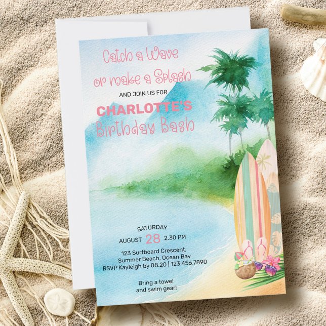 Invitation Surboard Watercolor Beach Anniversaire Bash (Créateur téléchargé)