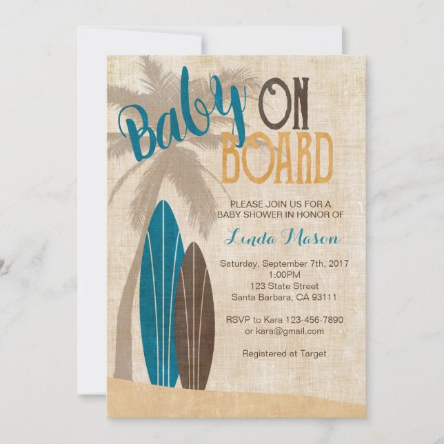 Invitation Surf Baby shower avec planches de surf (Devant)
