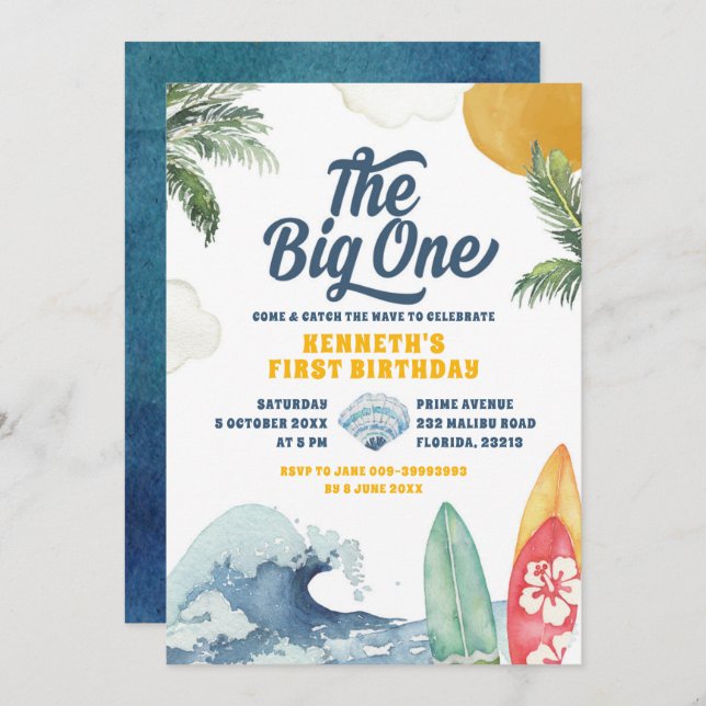 Invitation Surf Beach Summer Big One First Birthday Invitatia (Devant / Derrière)