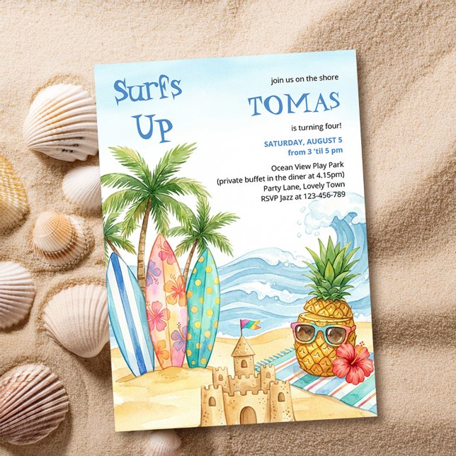 Invitation Surf ça décolle Aloha Plage Tropicale Anniversaire (Surfs Up kids beach party birthday invitation by Darling & May)