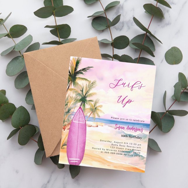 Invitation Surf de plage rétro surf de plage rose anniversair (Créateur téléchargé)